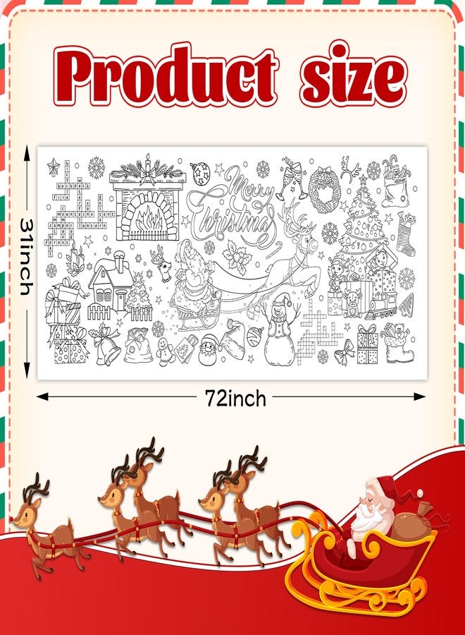 Zharkoo Christmas Coloring Tablecloth 31×72 Inch, Large Table Cover with Santa Claus, Reindeer, Paper Drawing Poster with Christmas Tree, Snowflakes and Gift Designs, Holiday Kids Party Activity and Crafts - Image 2